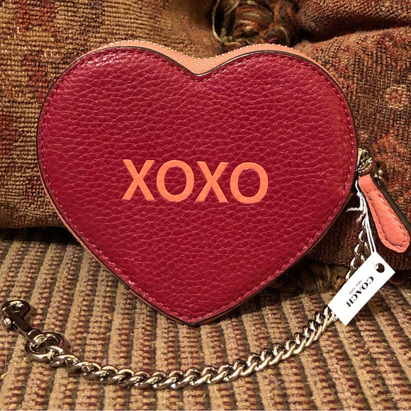 NWT-Coach-Leather ❤️ Heart 💖 Coin Purse-Be Mine/XOXO-Red & Pink-Bag Charm - Picture 1 of 14
